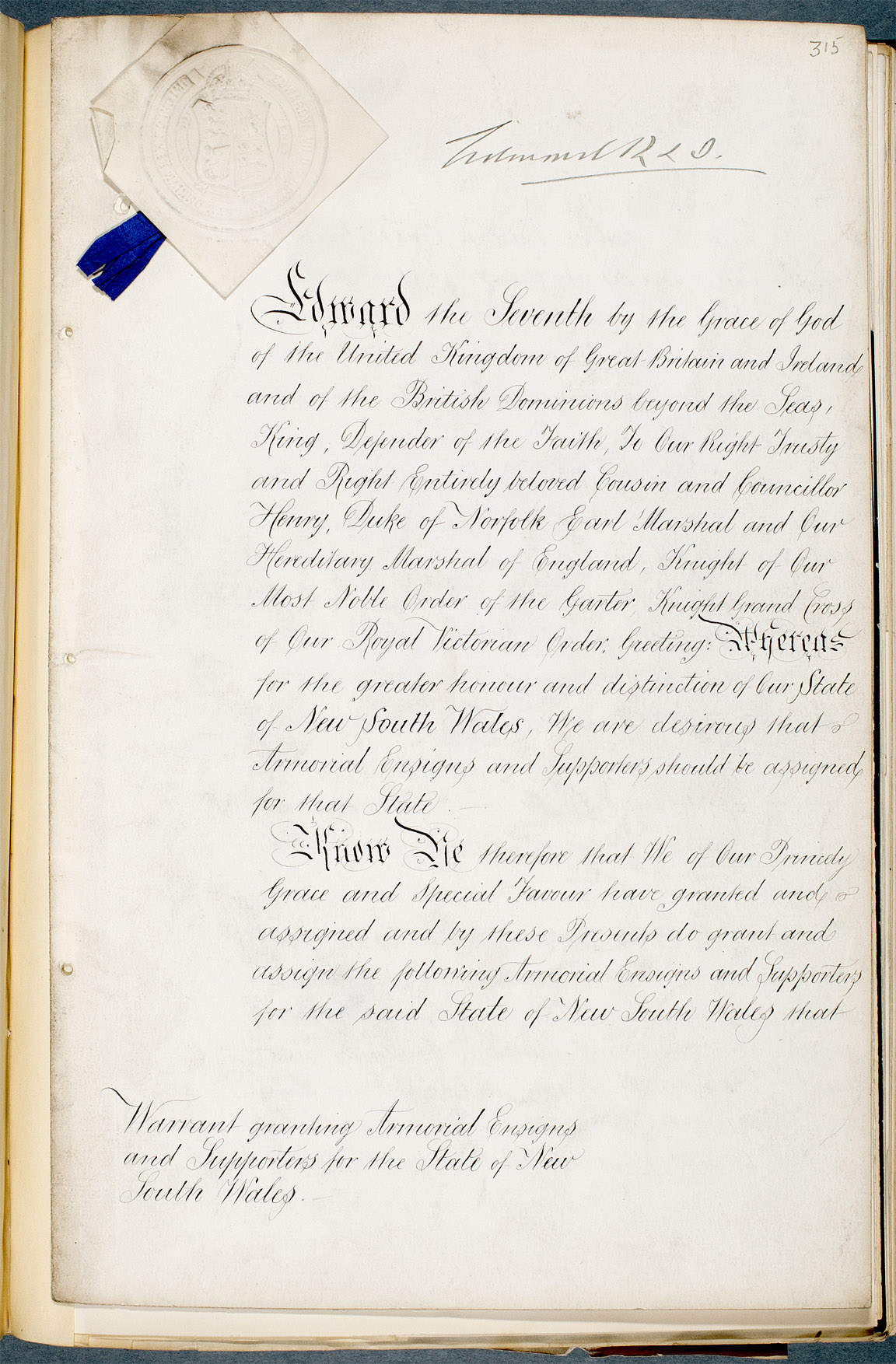 D15 700 NSW Coat of Arms - Warrant granting Armorial Ensigns from College of Arms London, William G Hunt 1 of 4.jpg