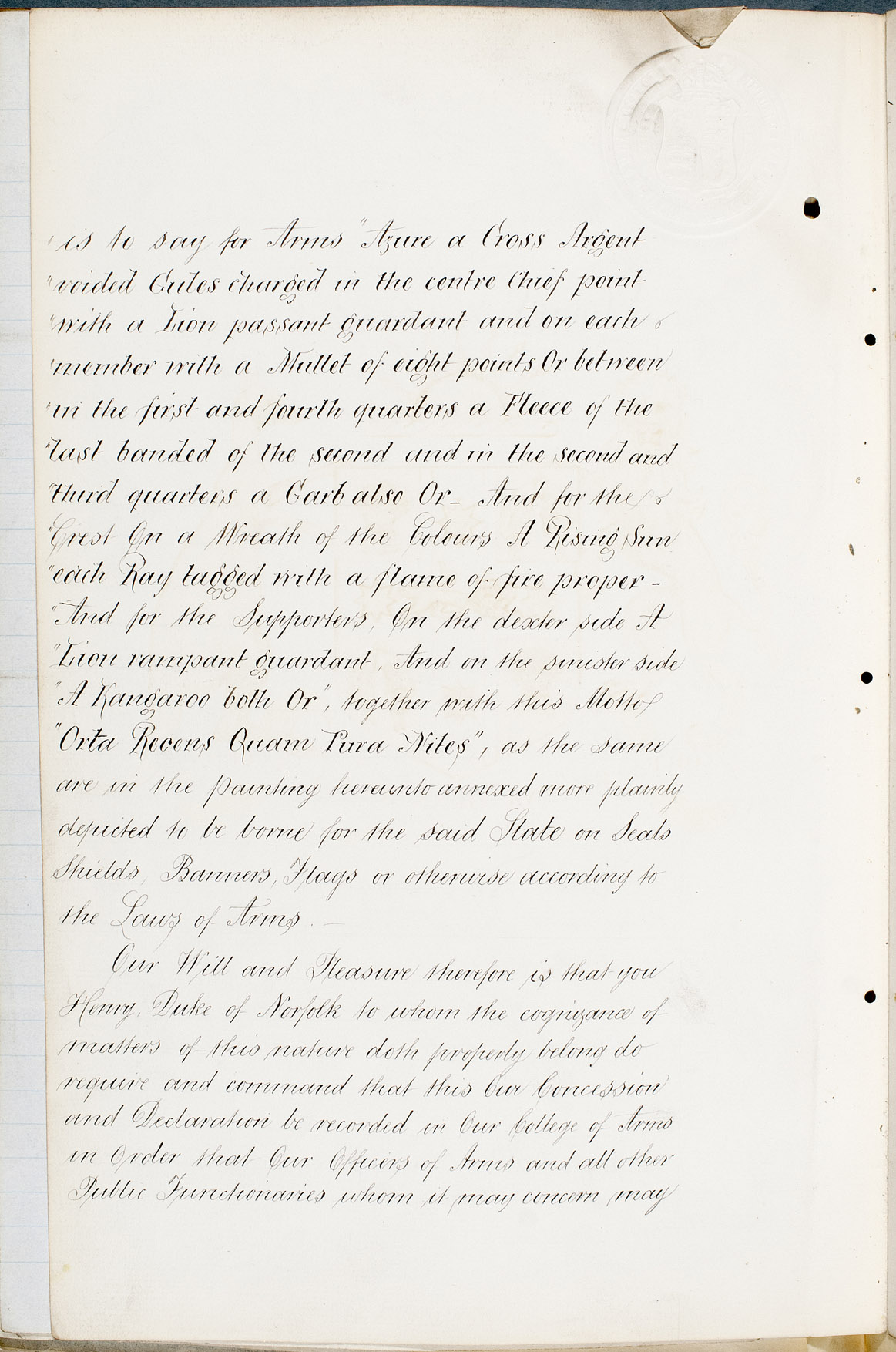 NSW Coat of Arms - Warrant granting Armorial Ensigns from College of Arms London, William G Hunt (2 of 4)
