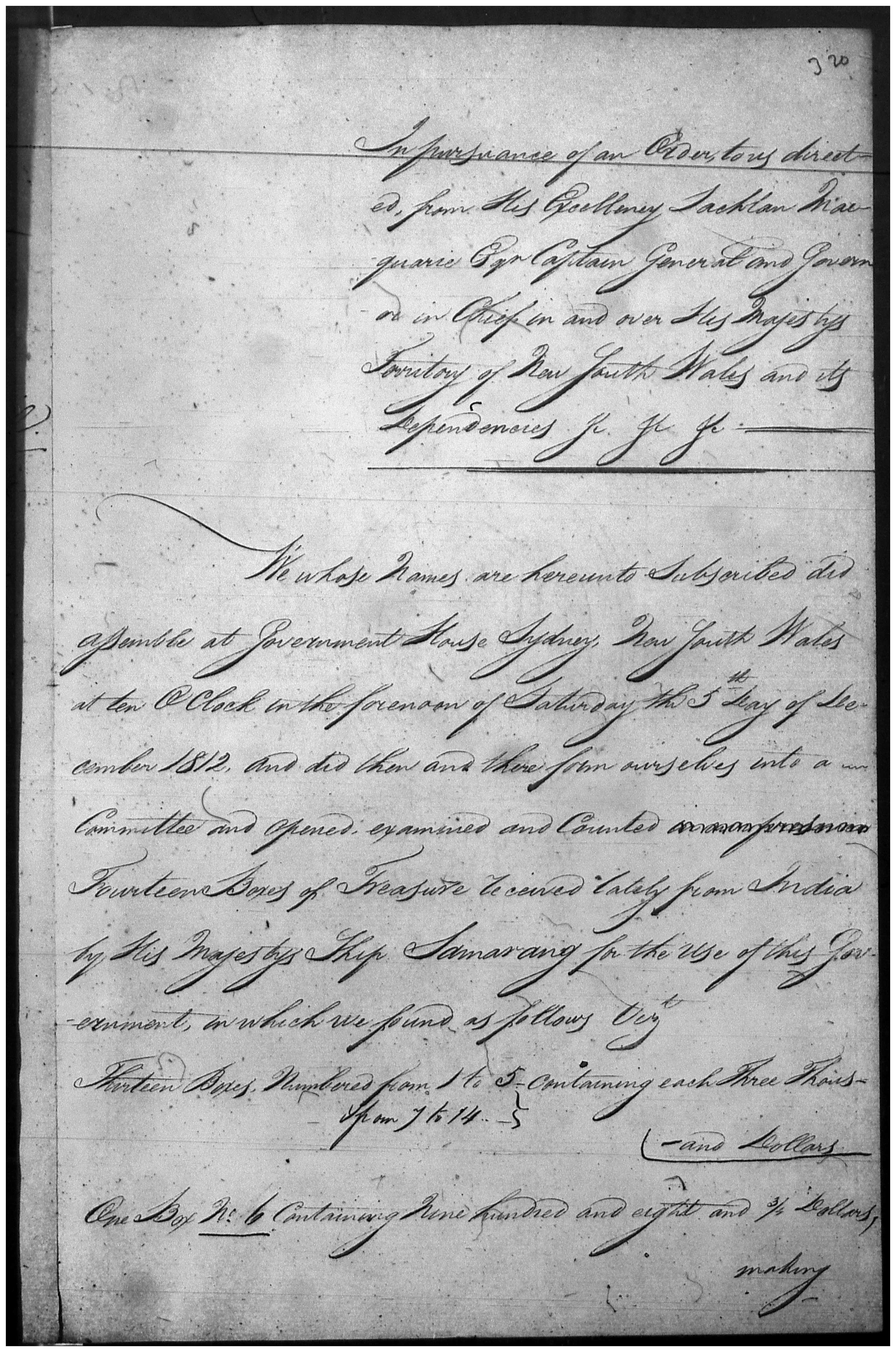 From the Colonial Secretary&#039;s Papers - Arrival from India of consignment of dollars for Govt use. Letter dated 4 December 1812. Reel 6043 4-1727 p.320 (1 of 2)