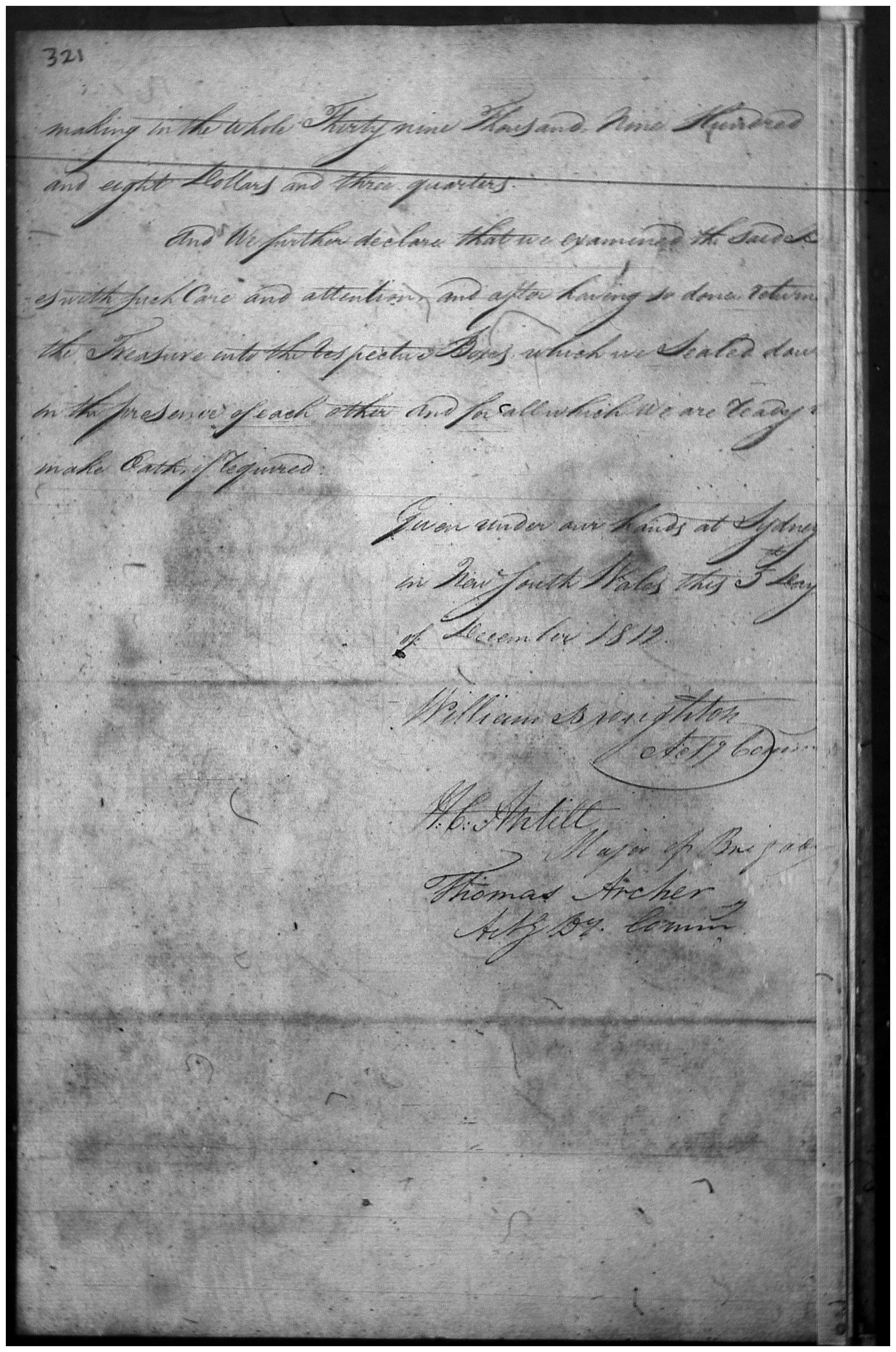 From the Colonial Secretary&#039;s Papers - Arrival from India of consignment of dollars for Govt use. Letter dated 4 December 1812. Reel 6043 4-1727 p.321 (2 of 2)