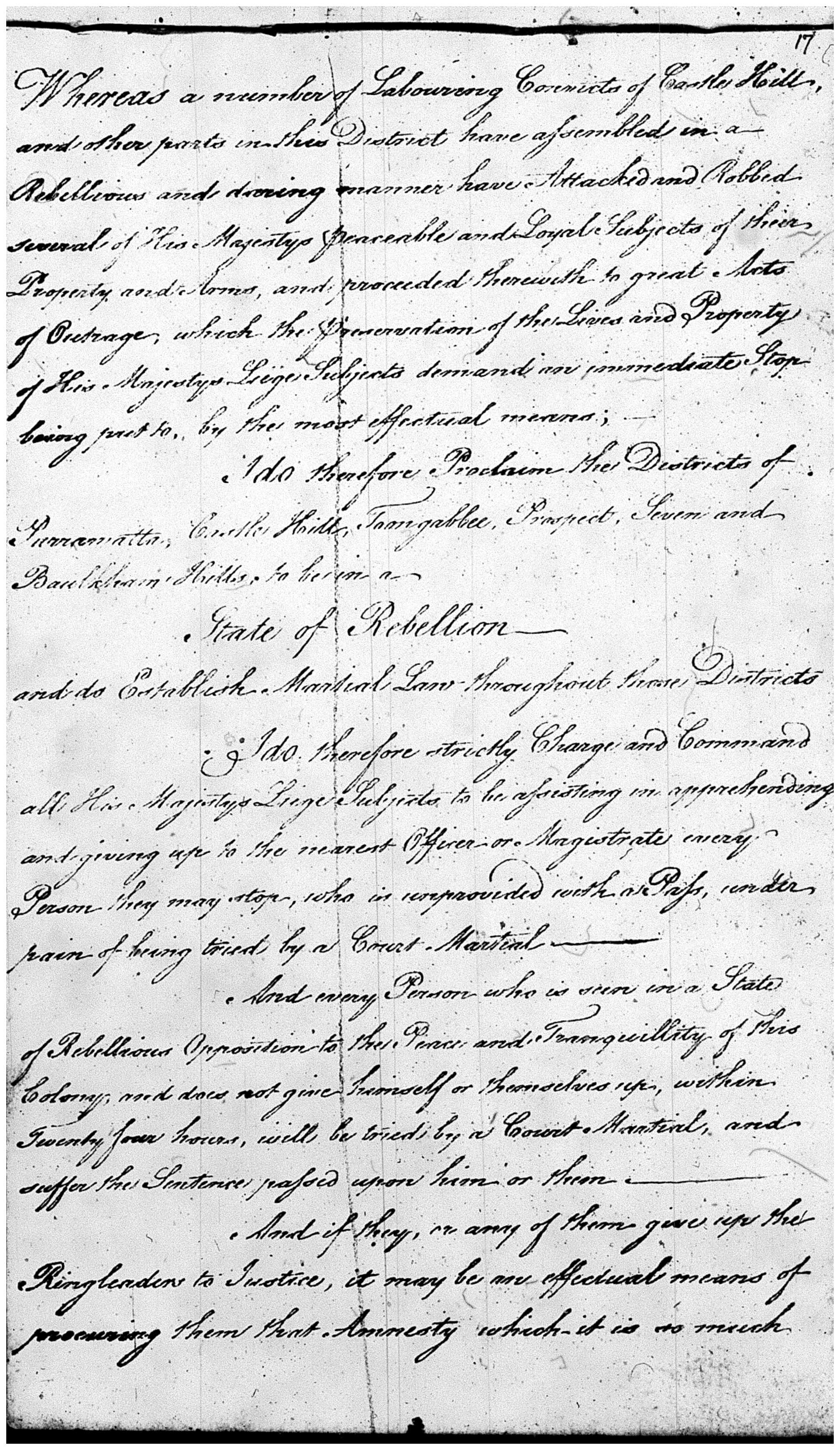 Castle Hill Rebellion - Martial Law imposed 5 March 1804. NRS 898 SZ992 Reel 6037 p17