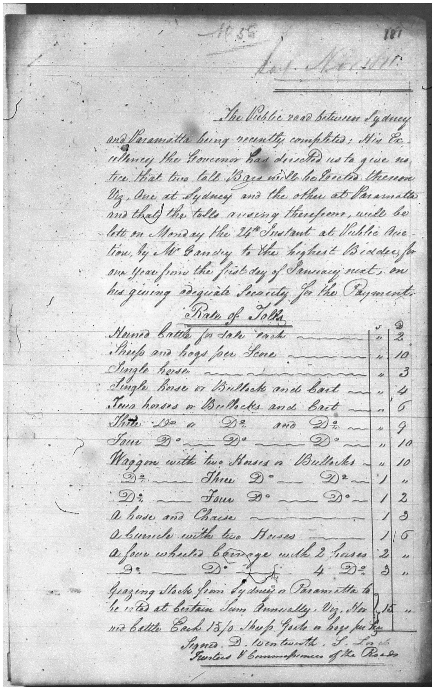 Tolls and Toll Gates - Rate of tolls, 1811. Reel 6043 4-1726 p181