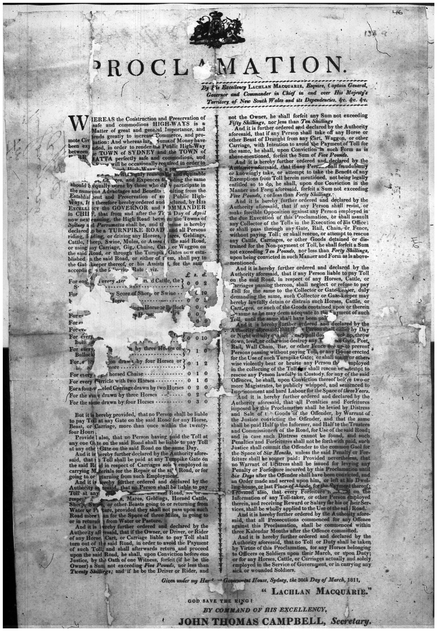 Tolls and Toll Gates - Regulations and schedule of tariffs, 30 Mar 1811. Reel 6045 4-1733 p46