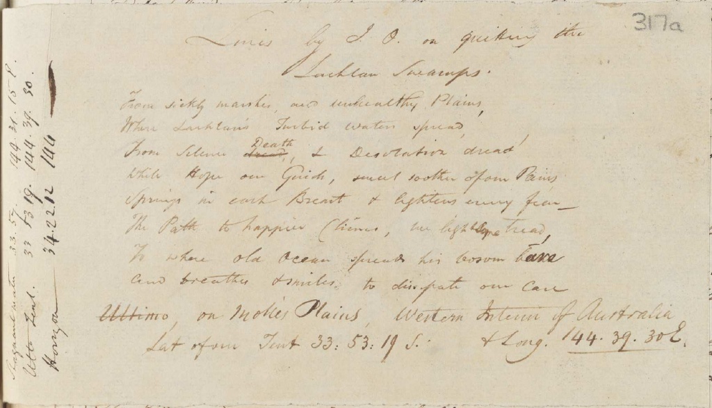 Poem by John Oxley about the Lachlan Swamps 1817. NRS 906 SZ7 p317a Colonial Secretary: Special Bundles 1826-1982. Alan Cunningham Journal and Correspondence, 1816-1819