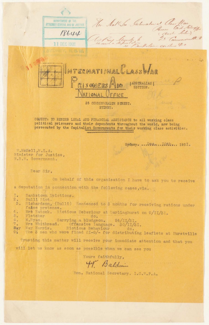 NRS 333 Attorney General and Justice: Special bundles, 1874-1984 5-7784.1. Request to the Minister for Justice to receive a deputation from the International Class War Prisoners Aid National Office 10 Dec 1931