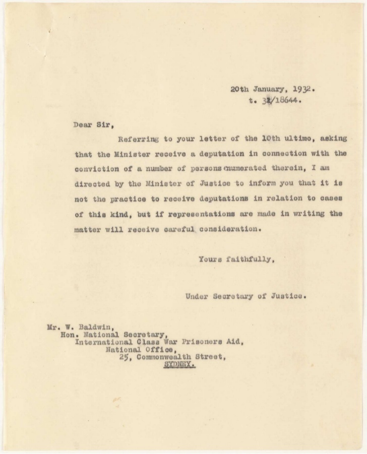 NRS 333 Attorney General and Justice: Special bundles, 1874-1984 5-7784.1. Further letter from International Class War Prisoners Aid National Office, 30 January 1932
