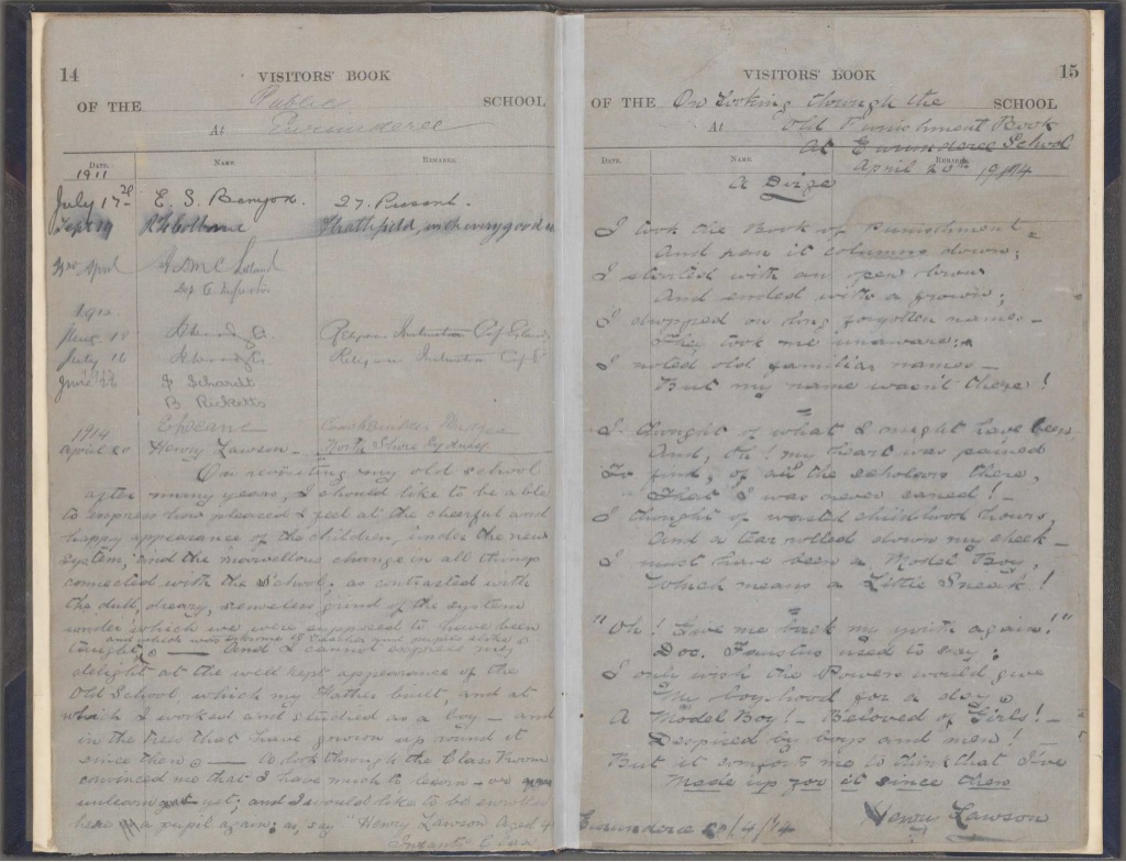 Eurunderee Public School Visitors book – entry for visit of Henry Lawson, 20 Apr 1914. NRS 3931 4-7550