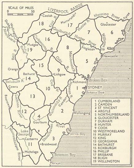 Map of the Nineteen Counties. Australian Encyclopaedia Volume 6, page 344 - Sydney, Angus and Robertson, 1958) Map of the Nineteen Counties. Australian Encyclopaedia Volume 6, page 344 - Sydney, Angus and Robertson, 1958)