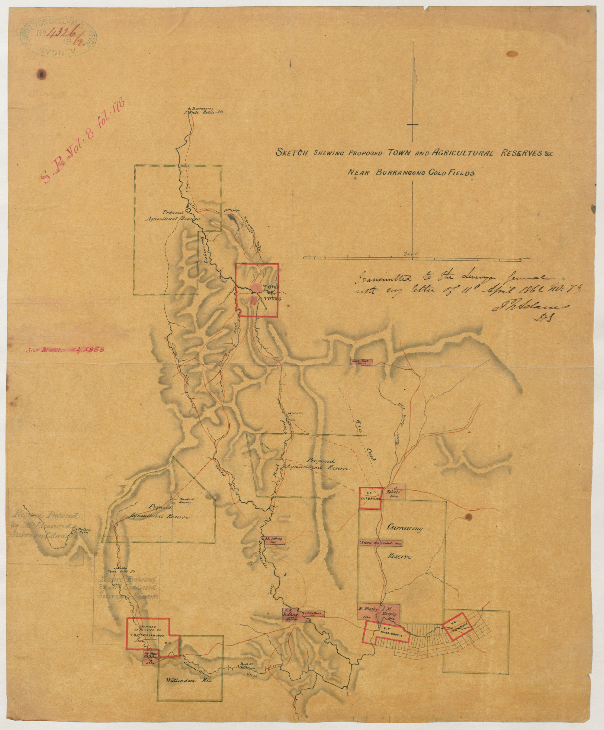 Sketch shewing proposed town and ag reserves near Burrangong gold fields. Sketch book 8 folio 178. ]