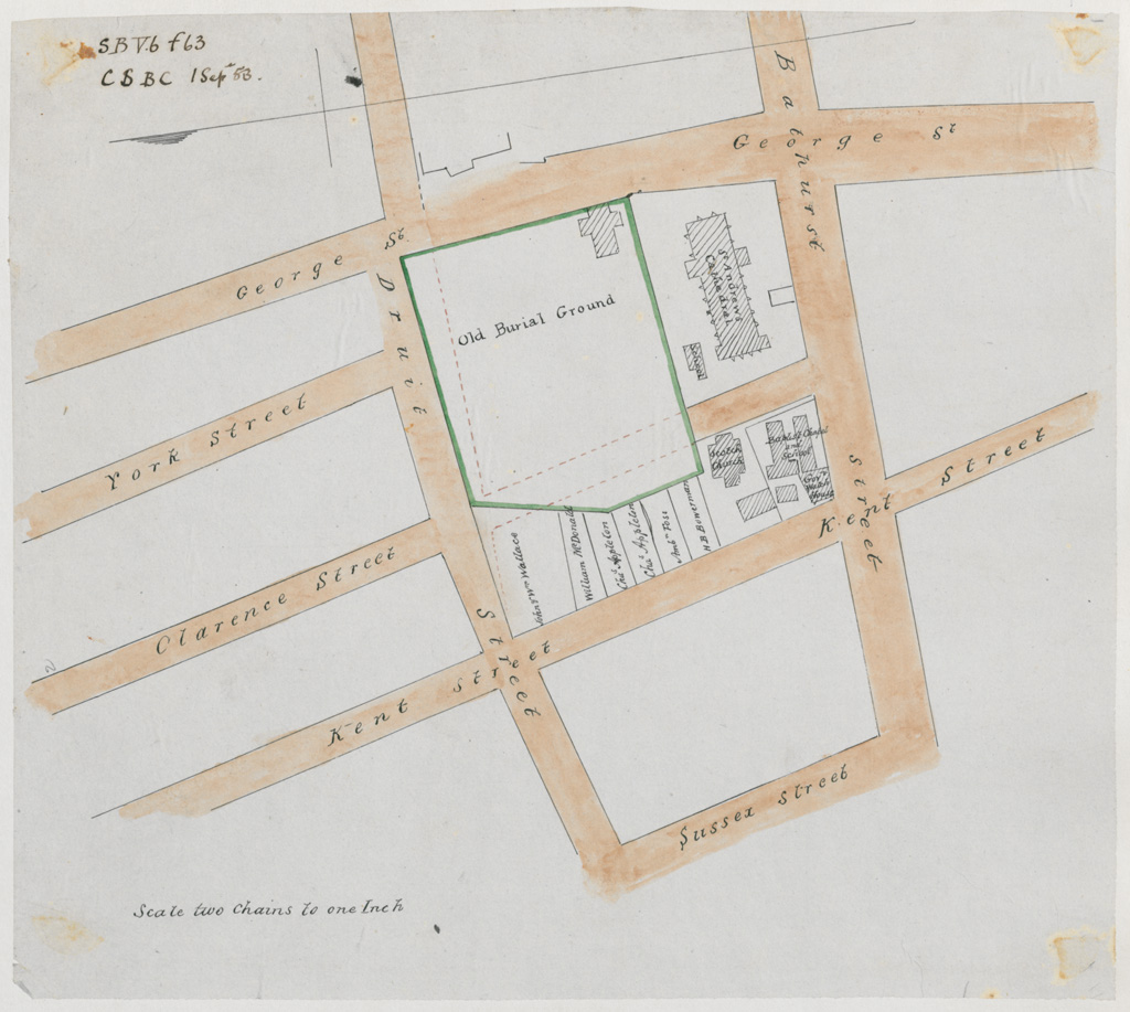 Sydney St Andrews - Old Burial Ground, 1 Sep 1853 (Sketch book 6 folio 63). Digital ID: NRS13886-X764-a110_000065 Sydney St Andrews - Old Burial Ground, 1 Sep 1853 (Sketch book 6 folio 63). Digital ID: NRS13886-X764-a110_000065
