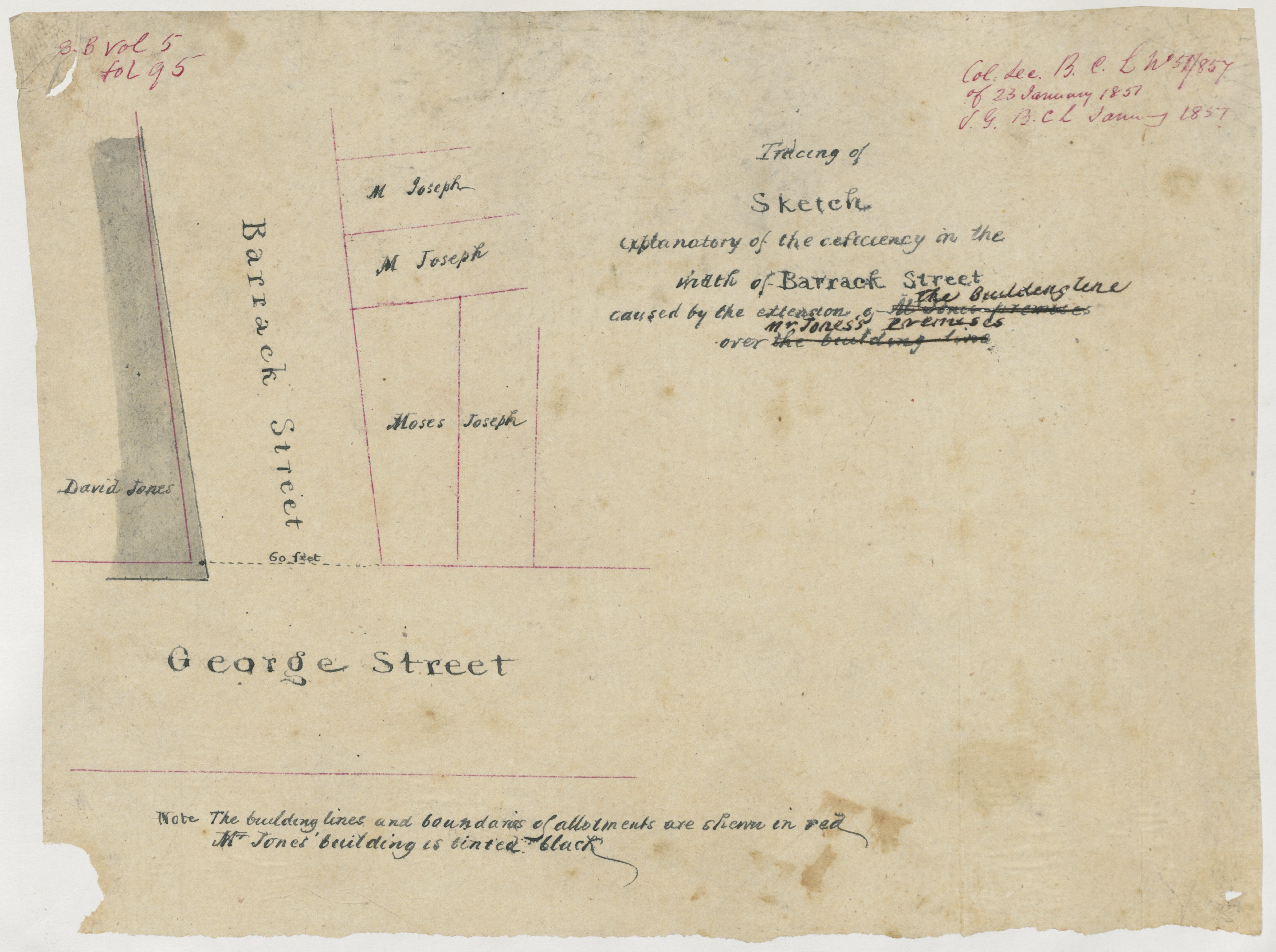Sydney St Phillip - Tracing of sketch explanatory of the deficiency in the width of Barrack Street caused by the extension of Mr Jones&#039;s building line [David Jones department store] [Sketch book 5 folio 95] NRS-13886-1-[X761]-Volume 5 Part 3-11