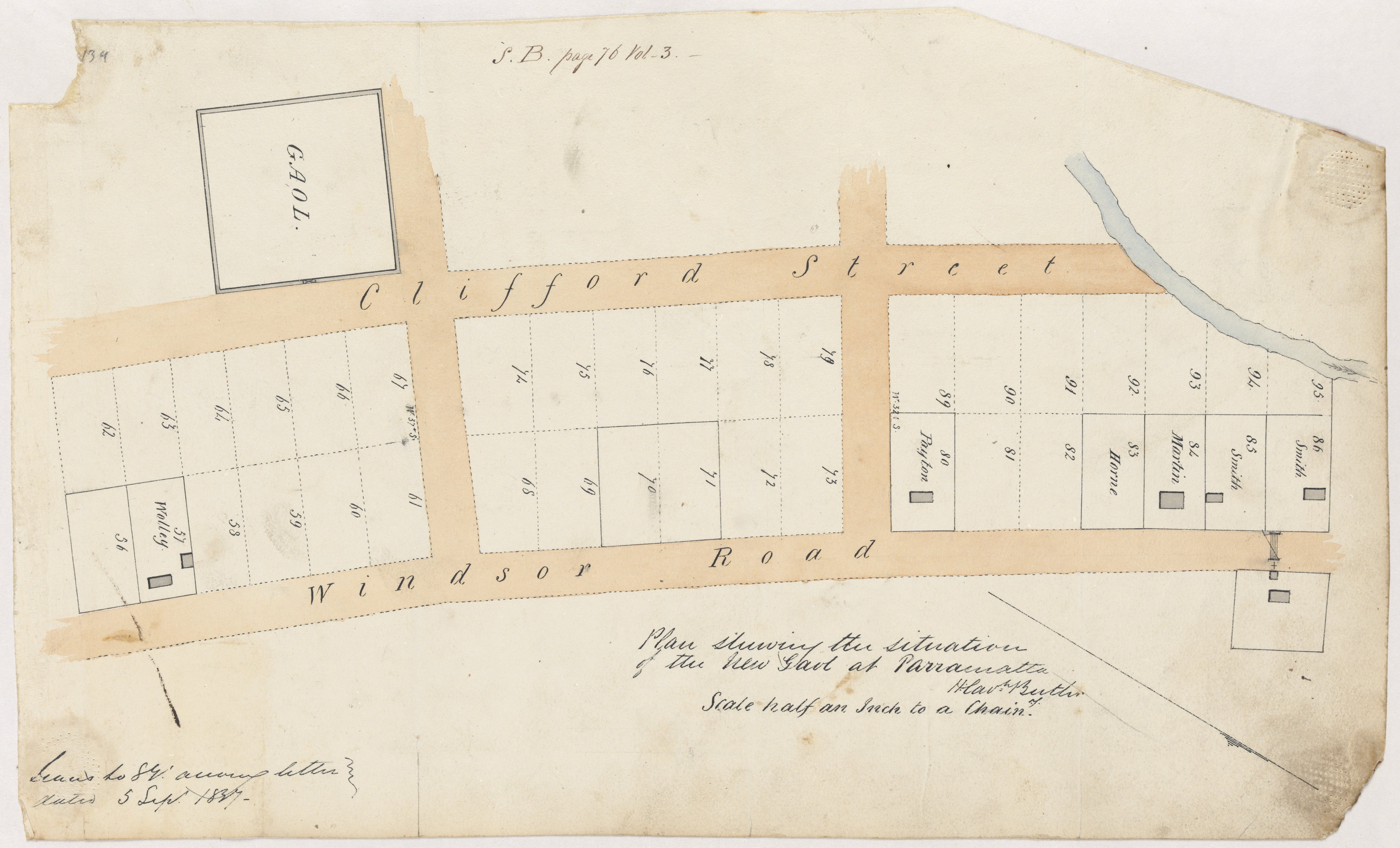 Plan shewing the situation of the new gaol at Parramatta, 5 Sep 1837 [Sketch book 3 folio 76]. NRS-13886-1-[X754]-Volume 3 part 2-102