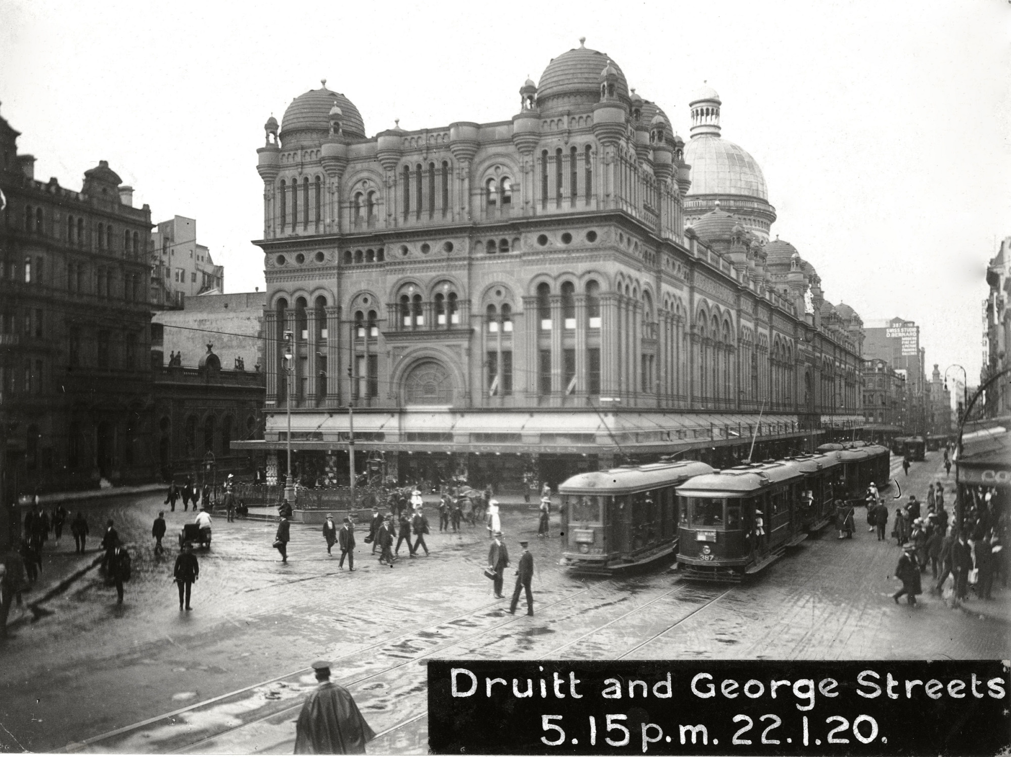 Trams operating on George Street, Sydney - showing the Queen Victoria Building on 22 January 1920 at 5.15pm. Digital ID 17420_a014_a0140001152 Trams operating on George Street, Sydney. ID 17420_a014_a0140001152
