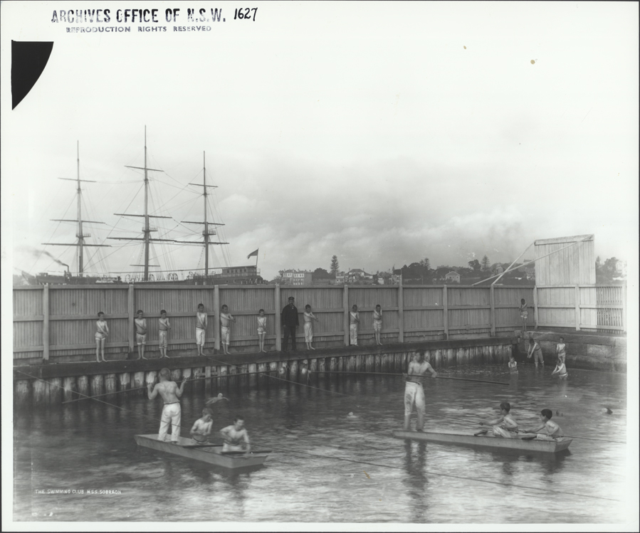 Naval cadets from N.S.S. Sobraon receiving swimming instruction, 11 Aug 1893. Digital ID 4481_a026_000977