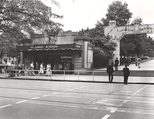 St James Railway Station decorated for the visit of Queen Elizabeth II and Prince Phillip - old St James Rd entrance, 5 Feb 1954. Digital ID 17420_a014_a014000159 St James Railway Station decorated for the visit of Queen Elizabeth II and Prince Phillip - old St James Rd entrance, 5 Feb 1954. Digital ID 17420_a014_a014000159