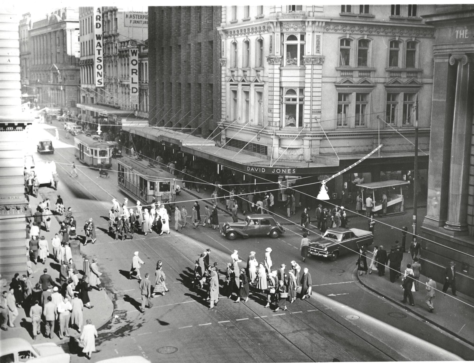 Trams operating at the intersection of Barrack George Streets, Sydney showing the David Jones store, 1950. Digital ID 17420_a014_a0140001151 Trams operating at the intersection of Barrack George Streets, Sydney showing the David Jones store, 1950. Digital ID 17420_a014_a0140001151