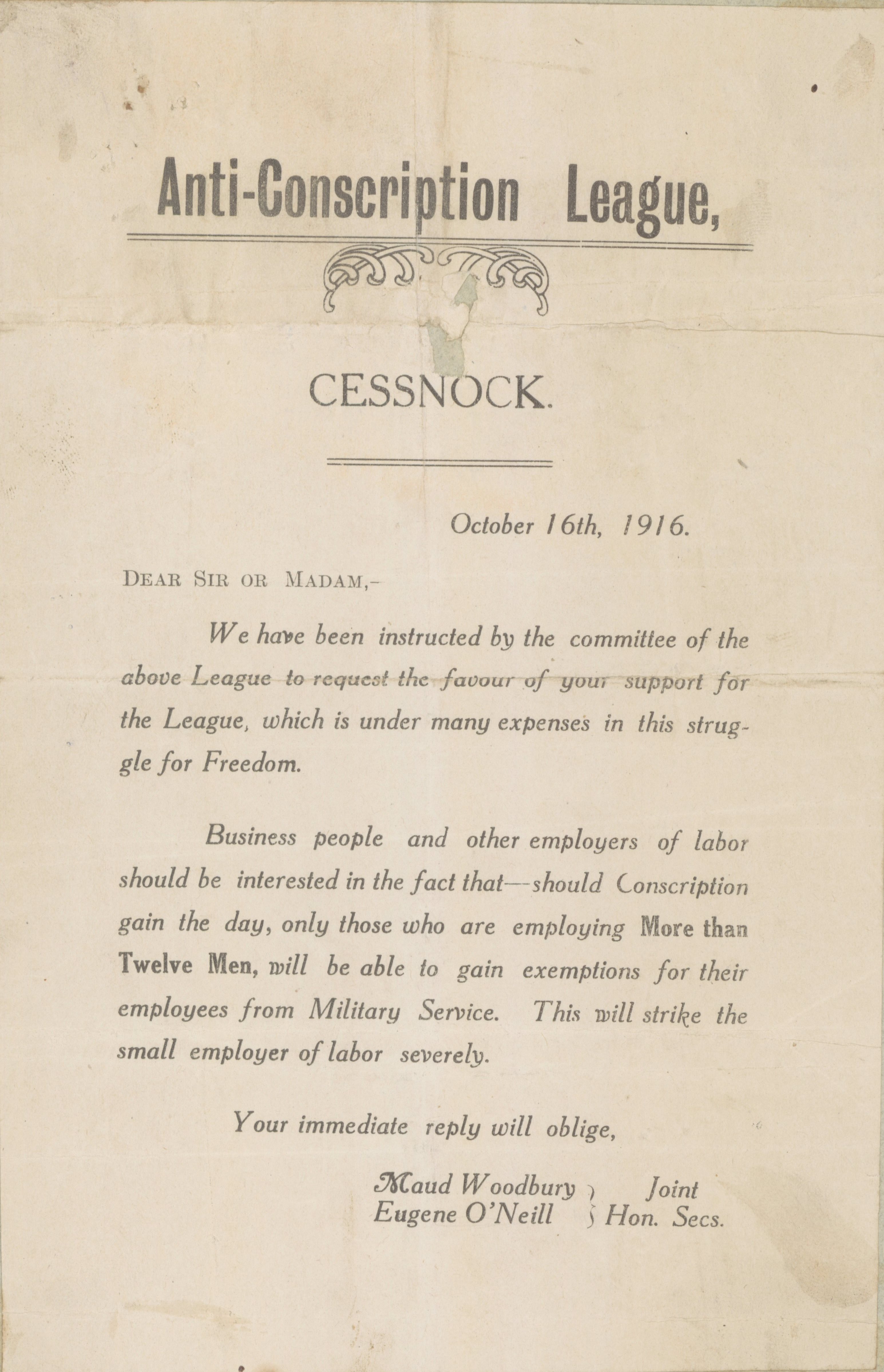 Anti conscription handbill, 1916. From Police Special Bundles NRS 10923 7-5592 letter 16-28832