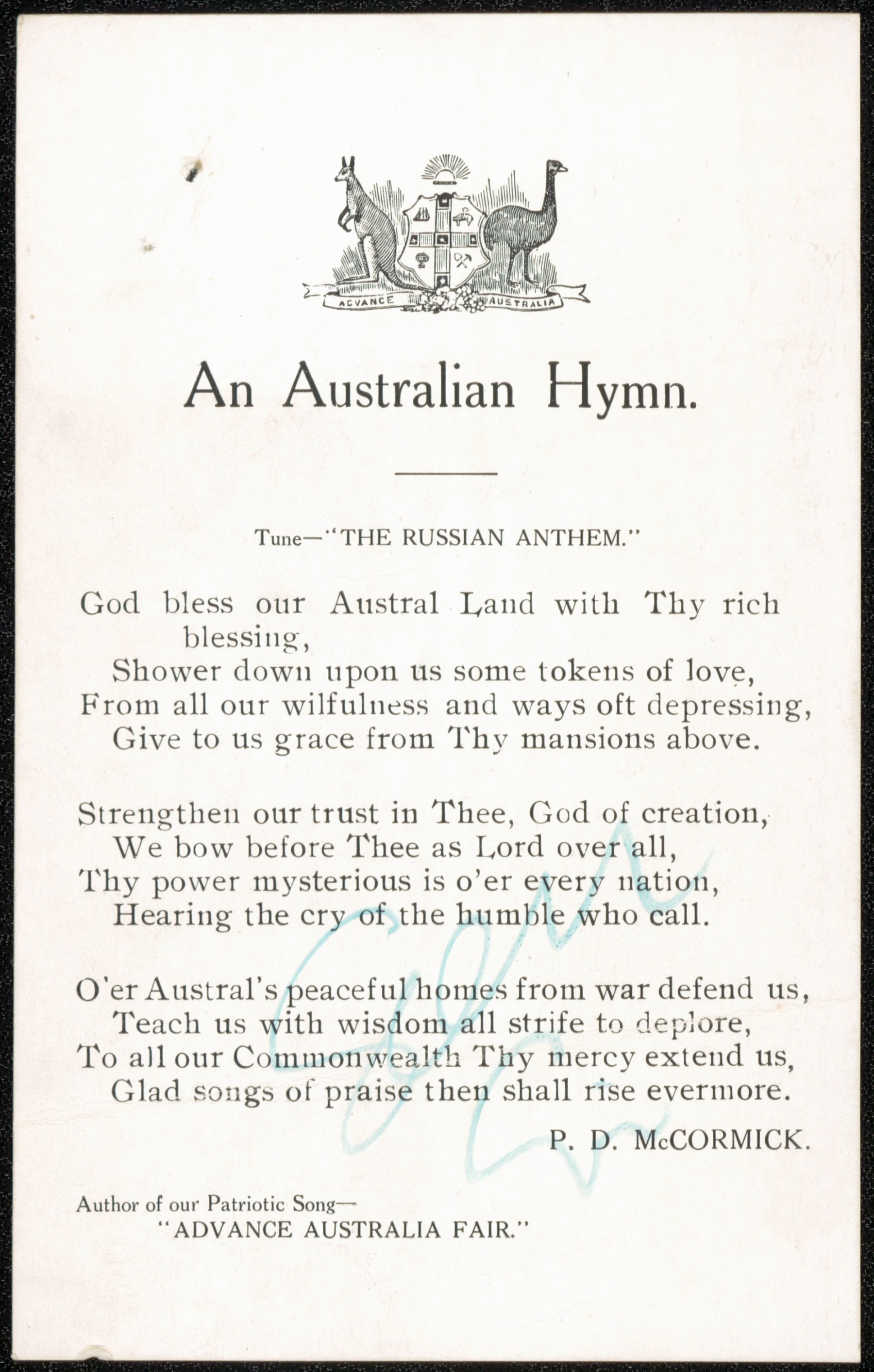 An Australian Hymn by Peter Dodds McCormick (author of Advanced Australia Fair), 1915. NRS 12060 9-4708 15-8731 2 of 2