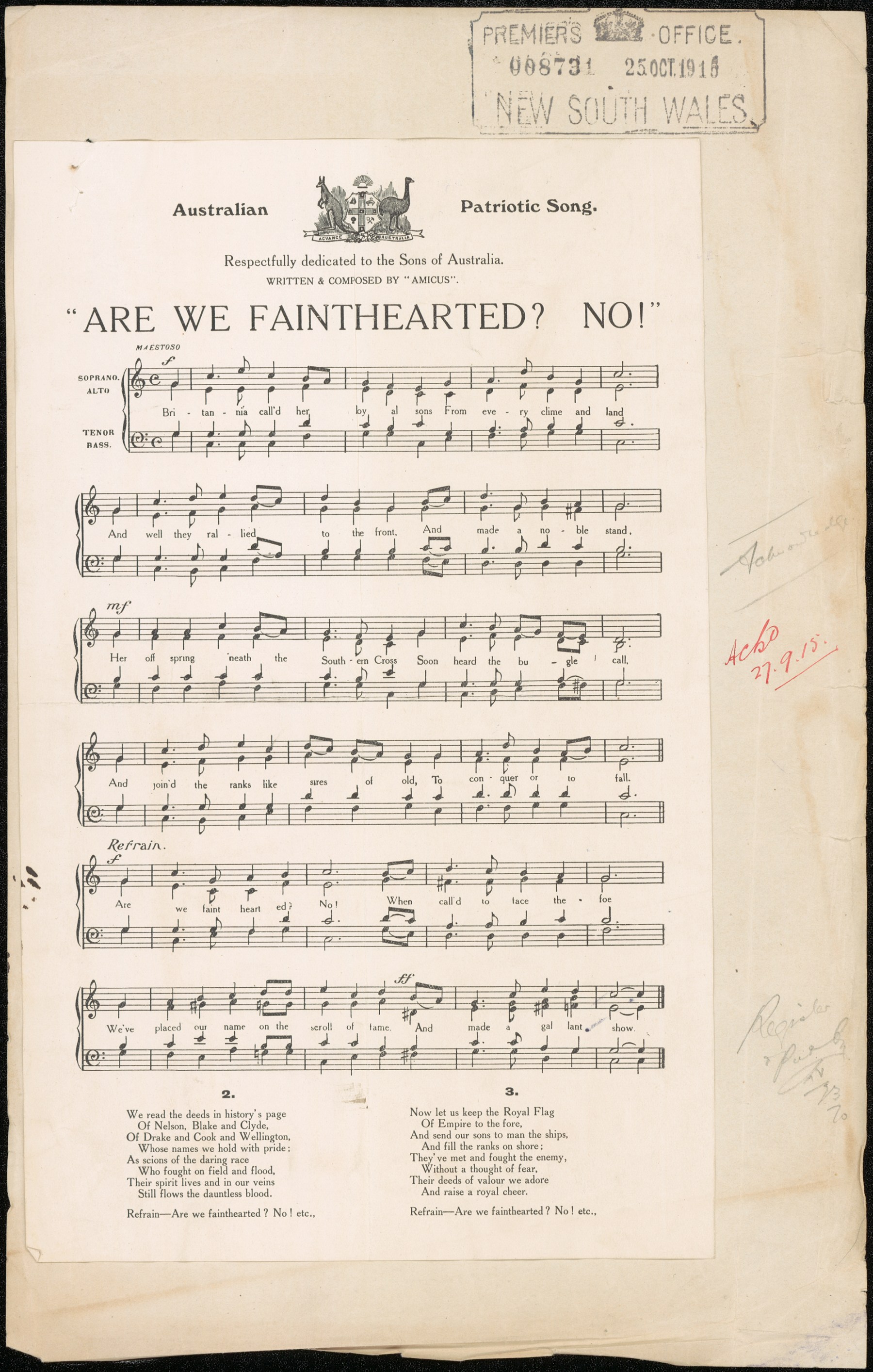 Are We Fainthearted? No! Song (possibly) by Peter Dodds McCormick, author of Advanced Australia Fair, 1915. NRS 12060 9-4708 15-8731