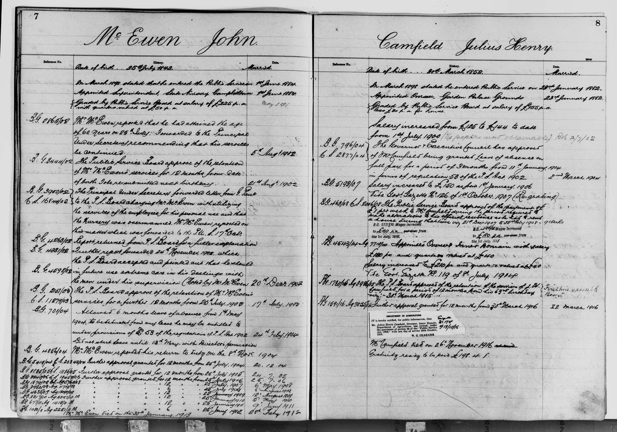 Sample from the Botanic Gardens and Government Domains Employees Index. Digital ID NRS13129_X1600_007-008