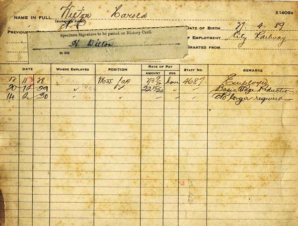 Back of Railway Personal History Card for Harold Wilton showing limited detail that is on some of the cards. This side shows his signature