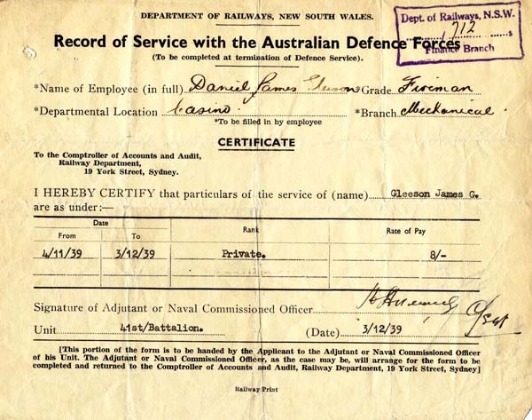 Part of a file for Daniel J. Gleeson, a Fireman from Casino, dealing with his service with the Australian Defence Forces during World War 2