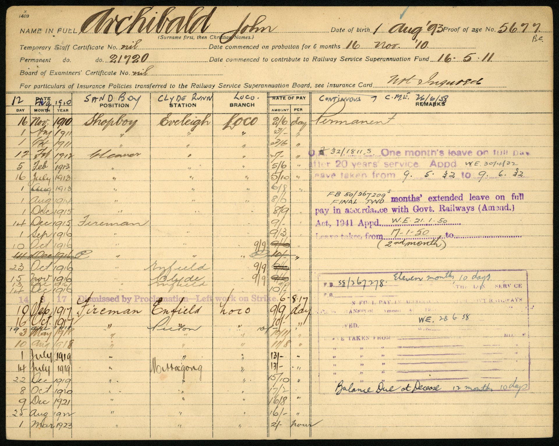 Railway card for John Archibald