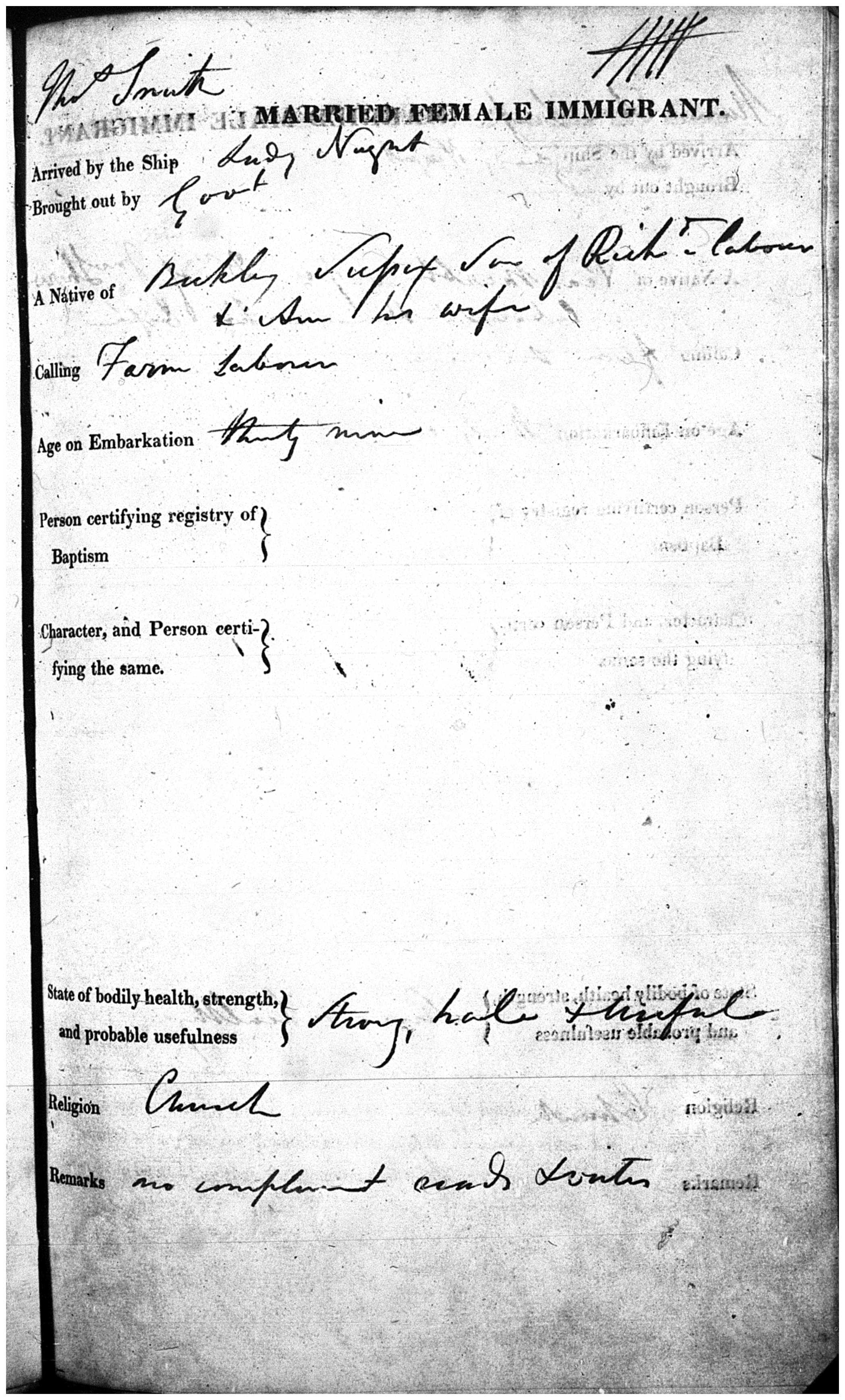 Entitlement Certificate Thomas Smith per Lady Nugent 1838. NRS 5314 4-4831 Reel 1291