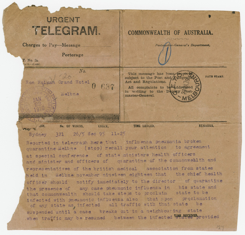 Telegram, Acting NSW Premier Fuller to NSW Premier Holman (on leave), 23/1/1919. From: NRS 12061, [4/6247], Influenza papers 1918-19