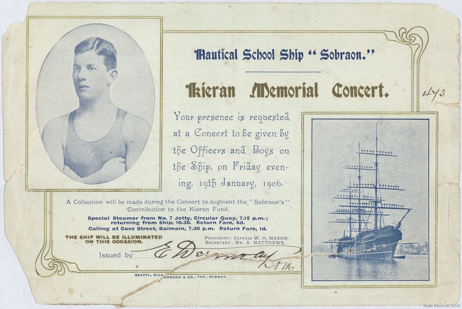 Kieran Memorial Concert invitation, held on board the ‘Nautical School Ship ‘Sobraon’ on 19 Jan 1906. An event to raise money for the Kieran Memorial Fund which was set up to perpetuate the memory of the champion swimmer.  NRS 3905,  8-1753.1 Kieran Memorial Concert invitation, held on board the ‘Nautical School Ship ‘Sobraon’ on 19 Jan 1906. An event to raise money for the Kieran Memorial Fund which was set up to perpetuate the memory of the champion swimmer.  NRS 3905,  8-1753.1