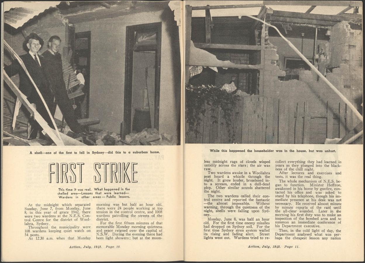 Action - Official Journal of the National Emergency Services. Shelling of Sydney, 8 June 1942. NRS 19987 6-16010-4 Vol 4 No 4 pp10-11 Action - Official Journal of the National Emergency Services. Shelling of Sydney, 8 June 1942. NRS 19987 6-16010-4 Vol 4 No 4 pp10-11