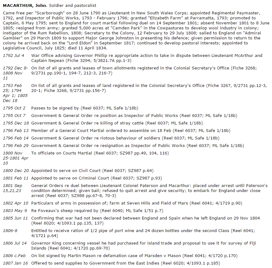 Screenshot of entry for John Macarthur in the Col Sec Papers