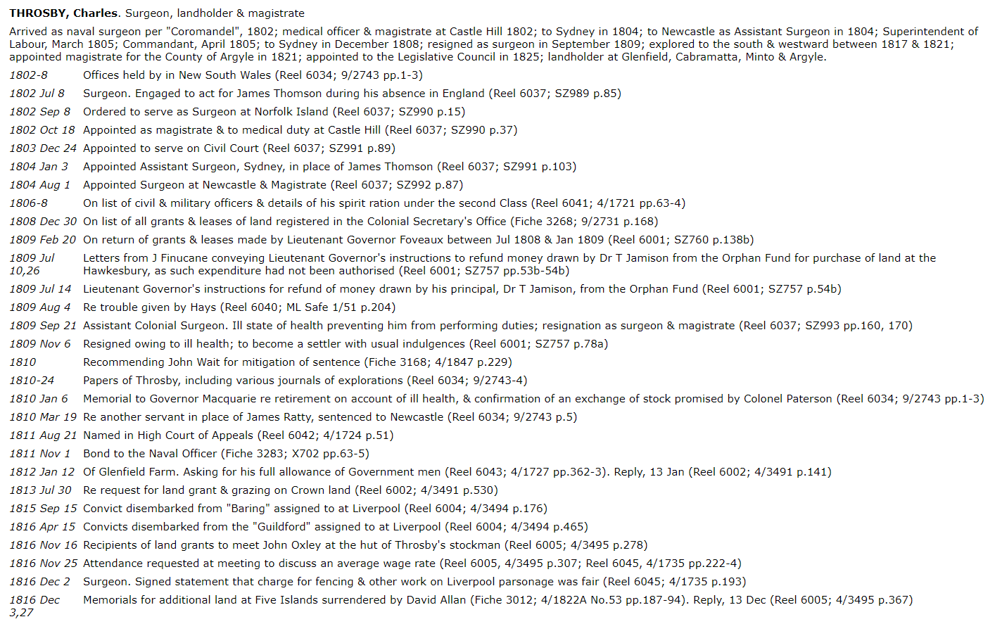 Col Sec screenshot showing some entries for Charles Throsby