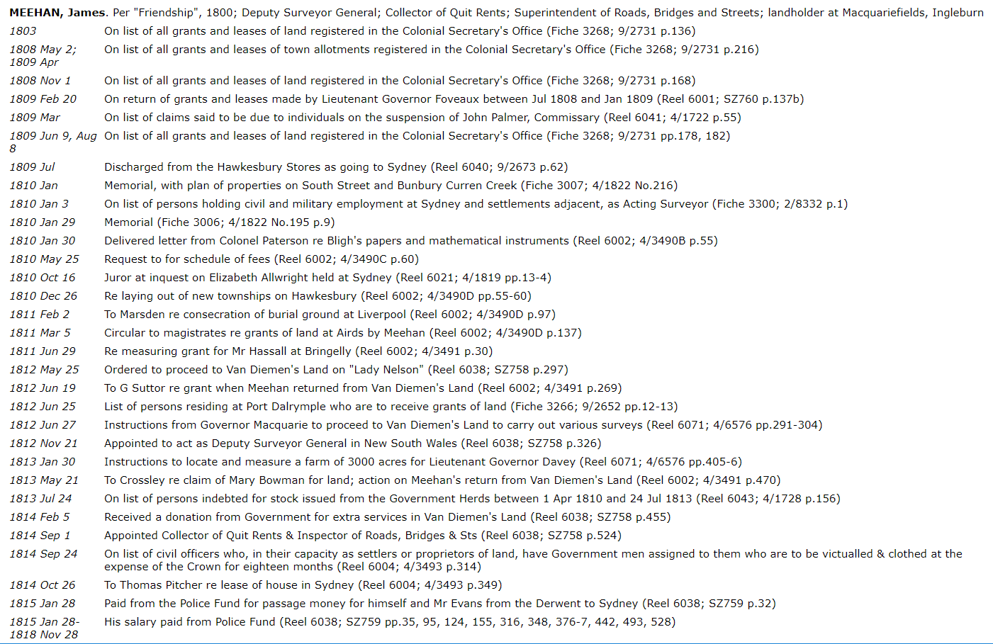 Col Sec screenshot showing some entries for James Meehan