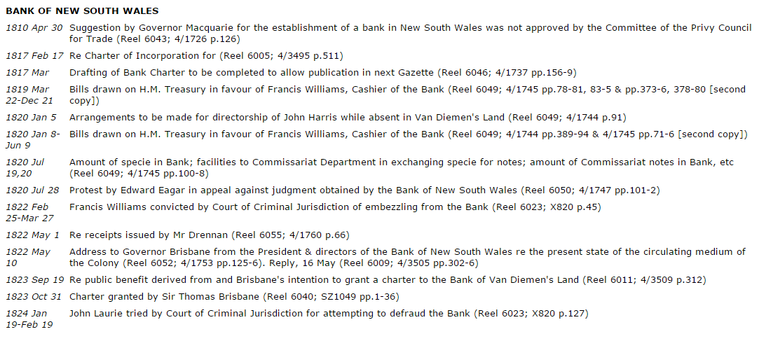 Screenshot showing entries for Bank of New South Wales