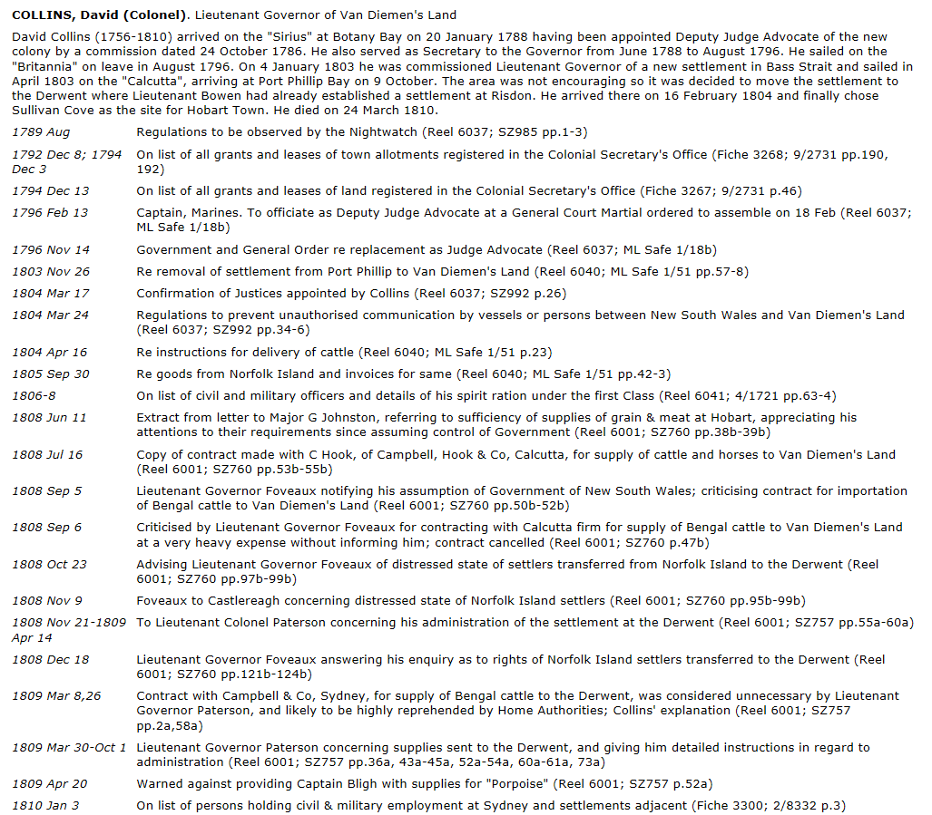 Screenshot of entry for Colonel David Collins in the Col Sec Papers