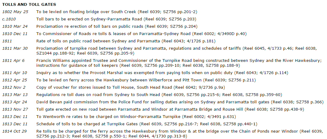 Screenshot showing entries for Tolls and Toll Gates