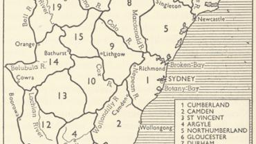 Map of the Nineteen Counties. Australian Encyclopaedia Volume 6, page 344 - Sydney, Angus and Robertson, 1958)