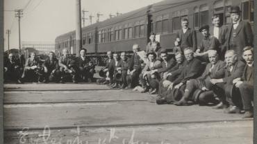 Locomotive drivers. From the photograph album of Eveleigh Workshops during the 1917 railway strike, 16 August 1917. Digital ID 15309_a015_000008