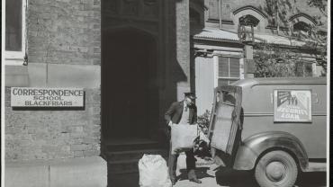 Lessons on their way from the State Correspondence School (Blackfriars), Sydney. Everyday P.M.G. mail vans make several journeys from the school with new lessons, and return with work sent in by distant pupils. Several daily mail runs go out with new lesson and return with student work