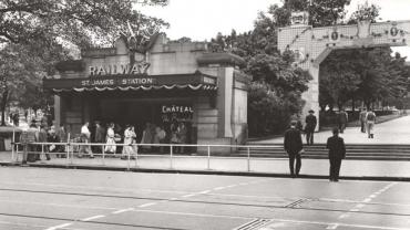 St James Railway Station decorated for the visit of Queen Elizabeth II and Prince Phillip - old St James Rd entrance, 5 Feb 1954. Digital ID 17420_a014_a014000159