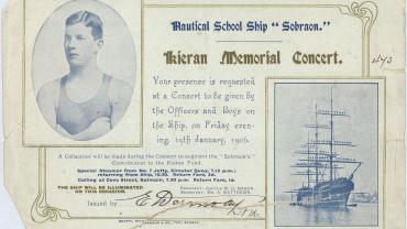 Kieran Memorial Concert invitation, held on board the ‘Nautical School Ship ‘Sobraon’ on 19 Jan 1906. An event to raise money for the Kieran Memorial Fund which was set up to perpetuate the memory of the champion swimmer.  NRS 3905,  8-1753.1