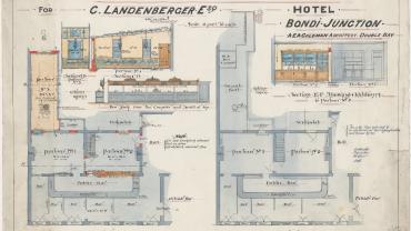 Royal Surrey Hotel, Bondi Junction. Plan of alterations and additions, existing and proposed ground floor plans and sections. Applicant/owner, C Landenberger Esquire Architect A E A Goldman, Double Bay. Signed 18 April 1901. ID 9590_62654