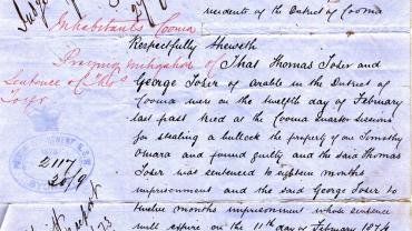 Page 1 of a petition to the Colonial Secretary NRS 905 1-2231 letter 73-7867 for the mitigation of the gaol sentence of Thomas Toser, previously convicted of stealing a bullock from Timothy O'Mara in 1873. Three pages of signatures include Dalgety
