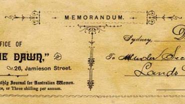 Memo from Louisa Lawson to the Lands Department is on the letterhead paper of 'The Dawn' newspaper. The memo is in Louisa's handwriting and includes her signature.From NRS 8103 10-19082 letter 02-14322