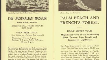 Pages 10 - The Australian Museum. Page 11 - Palm Beach and French's Forest. Daily Motor Tour. Magnificent views of the Hawkesbury, Lion Island, and Barrenjoey Lighthouse. Photo of Broken Bay and Barrenjoey. Digital ID 16410_a111_11a_000022_p10-11