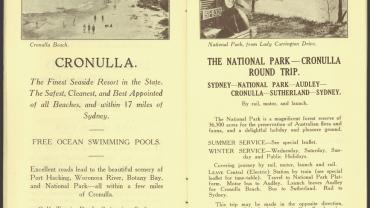 Pages 16-17 - Cronulla. The finest seaside resort in the state. The safest, cleanest and best appointed of all beaches. The National Park – Cronulla round tip. Photos of Cronulla Beach and National Park, from Lady Carrington Drive. Digital ID 16410_a111_