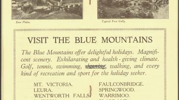 Pages 24-25 - Visit the Blue Mountains. Magnificent scenery. Exhilarating and health-giving climate. Photos showing Emu Plains and a typical fern gully. Digital ID 16410_a111_11a_000022_p24-25
