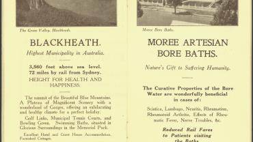 Page 26 - Blackheath, highest municipality in Australia. Photo of The Grose Valley. Page 27 - Moree Artesian Bore Baths, nature's gift to suffering humanity. Photo of the Moree Bore Baths. Digital ID 16410_a111_11a_000022_p26-27