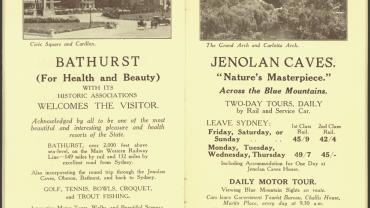 Page 28 - Bathurst, for health and beauty. Photo of Civic Square and Carillon. Page 29 - Jenolan Caves, nature's masterpiece. Photo of The Grand Arch and Carlotta Arch. Digital ID 16410_a111_11a_000022_p28-29